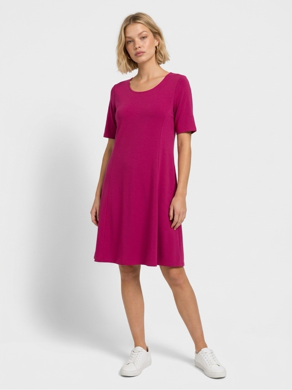 Susan Graver Liquid Knit Fuchsia Short-Sleeve A-Line Dress